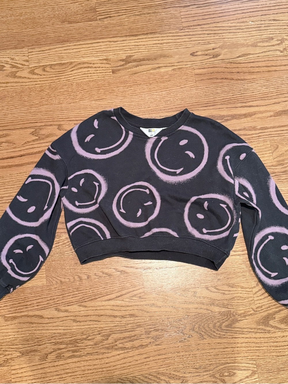 H&M Smiley World Black Cropped Sweatshirt with Lilac Smiley Print